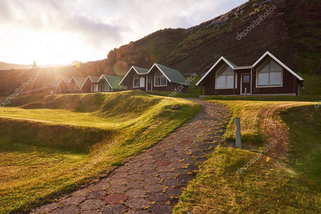 Traditional Icelandic houses with grass roof in Skogar Folk Museum, Iceland.
