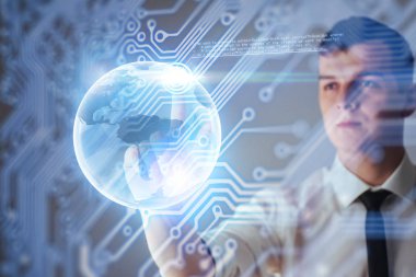 Bilim ve tıpta yenilikçi teknolojiler. Bağlantı teknolojisi. Güvenlik kavramı. Işıl ışıl dünyayı tutan