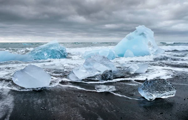 Lagoa Glaciar Jokulsarlon Fantástico Pôr Sol Praia Negra Islândia — Fotografia de Stock