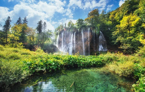 Vattenfallen Nationalparken Falla Turkosa Sjön Plitvice Kroatien — Stockfoto