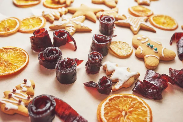 Decorating Spicy Cookie White Glaze Orange Happy New Year — Stock Photo, Image