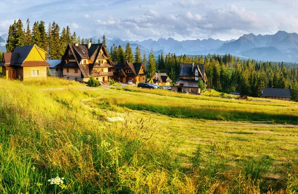 Tradiční Dřevěná Chata Horách Zelené Louce Hory Polsko Evropa — Stock fotografie