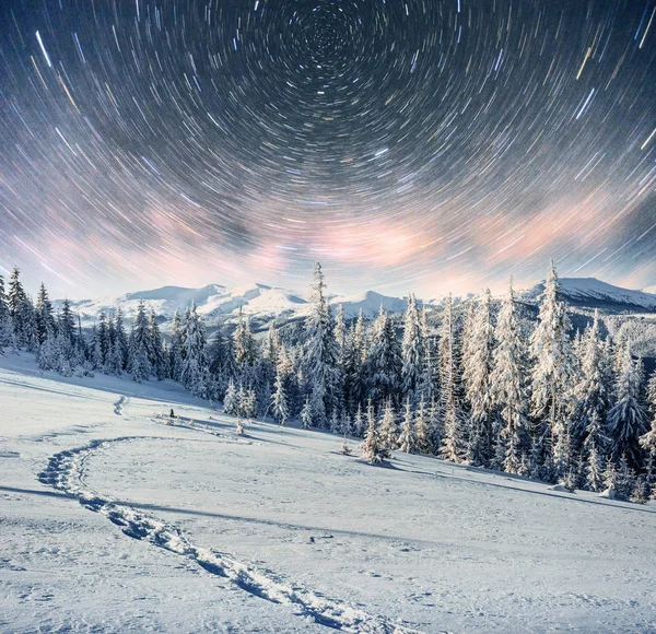 Starry Sky Winter Snowy Night Fantastic Milky Way New Year — Stock Photo, Image