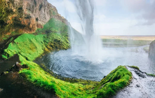 Seljalandfoss Водоспад Заході Сонця Міст Через Річку Фантастичний Характер Ісландія — стокове фото