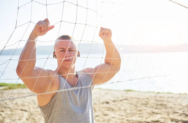 Athletic Man Looking Seaside Wild Sand Beach Masculine Sporty Male — Stock Photo, Image