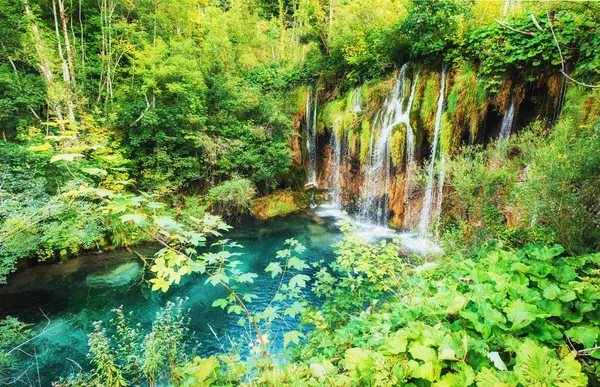 Vattenfallen Nationalparken Falla Turkosa Sjön Plitvice Kroatien — Stockfoto