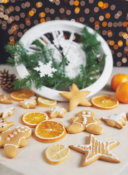 Decorating Spicy Cookie White Glaze Orange Happy New Year — Stock Photo, Image
