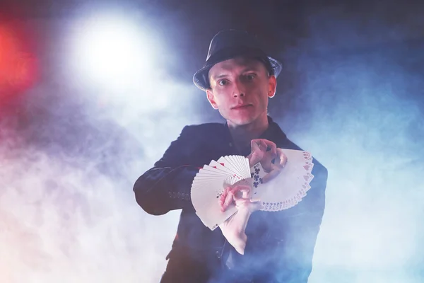 Magician Showing Trick Playing Cards Magic Dexterity Circus Gambling Prestidigitator — Stock Photo, Image