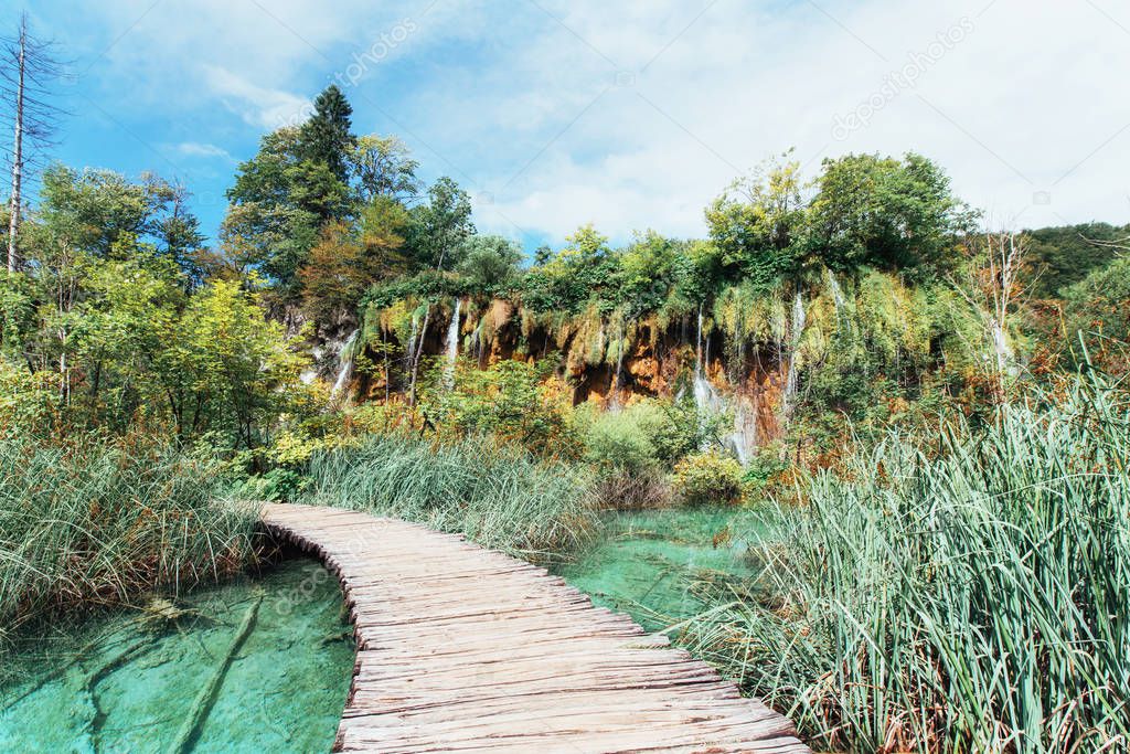 Beautiful waterfall in summer green forest. Plitvice Lakes National Park, Croatia