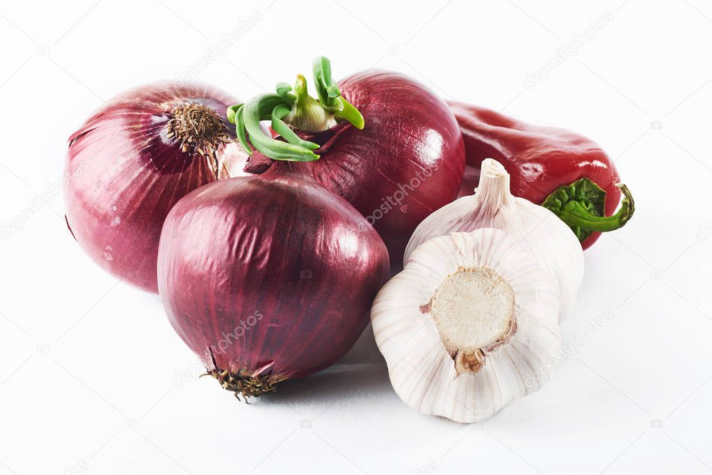 blue onion garlic and hot red pepper isolated on white background.