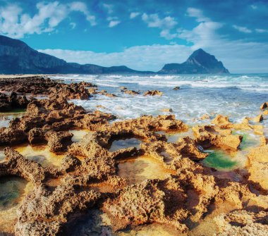 Bahar deniz kıyısında Şehir Trapany Panoraması. Sicilya, İtalya, Europe