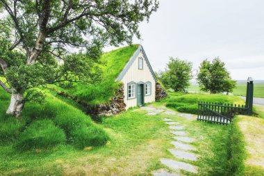 Bir küçük ahşap Kilisesi ve Mezarlığı Hofskirkja Hof, Skaftafell İzlanda. Ağaç kron ile doğal günbatımı.