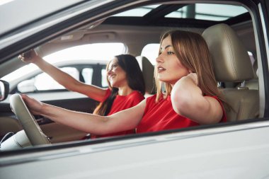 Seyahatin tadını çıkarın. Güzel genç kız ikizler ön yolcu koltuğunda oturuyor ve kamerada poz verirken gülümsüyorlar..