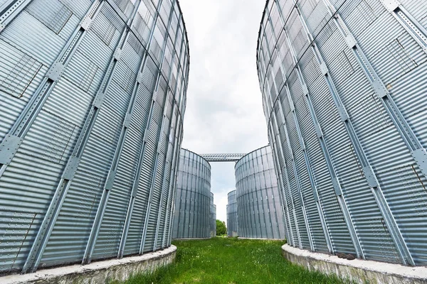Agricultural Silos. Building Exterior. Storage and drying of grains, wheat, corn, soy, sunflower against the blue sky with white clouds.