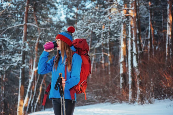 Mulher Viajante Com Mochila Caminhadas Viagem Estilo Vida Conceito Aventura — Fotografia de Stock