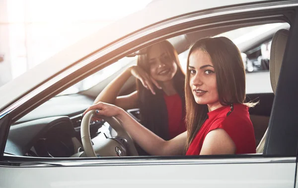 Enjoying Travel Beautiful Young Girl Twins Sitting Front Passenger Seats — Stock Photo, Image