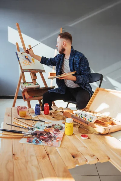 Designed Artist Man Finishing His Masterpiece Holds Brush Hand — Stock Photo, Image