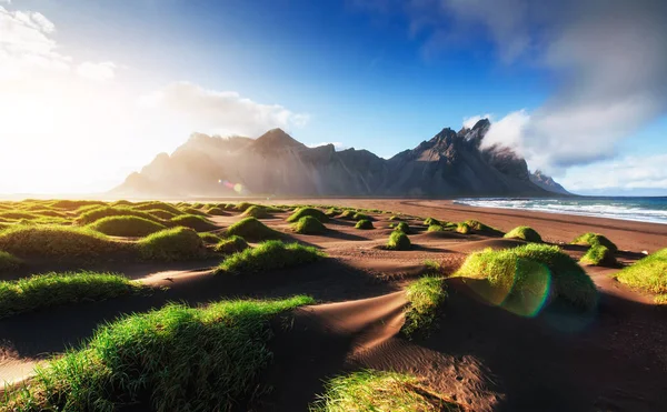 Fantastic West Mountains Volcanic Lava Sand Dunes Beach Stokksness Iceland — Stock Photo, Image