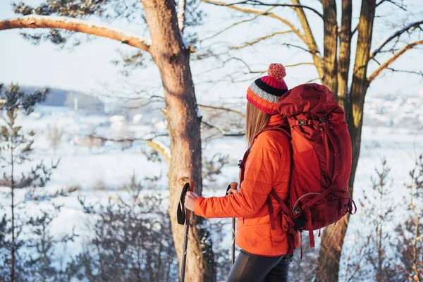 Mulher Viajante Com Mochila Caminhadas Viagem Estilo Vida Conceito Aventura — Fotografia de Stock