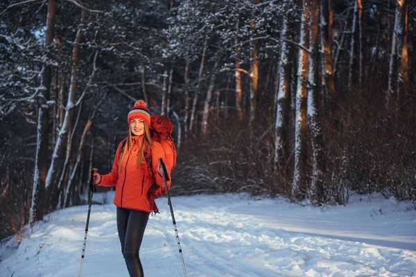 Mulher Viajante Com Mochila Caminhadas Viagem Estilo Vida Conceito Aventura — Fotografia de Stock