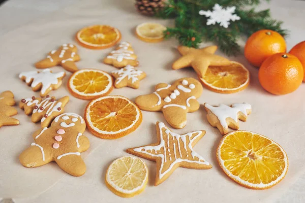 Decorating Gingerbread Cookies White Icing Selective Focus Place Text — Stock Photo, Image