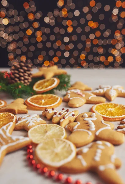 Decorating Gingerbread Cookies White Icing Selective Focus Place Text — Stock Photo, Image