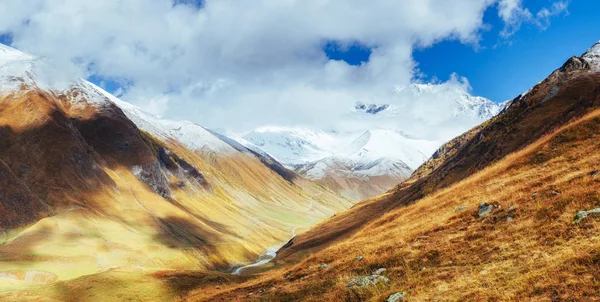 Fantastisch Gouden Herfstlandschap Tussen Rotsachtige Bergen Georgië Malvnychi Besneeuwde Toppen — Stockfoto