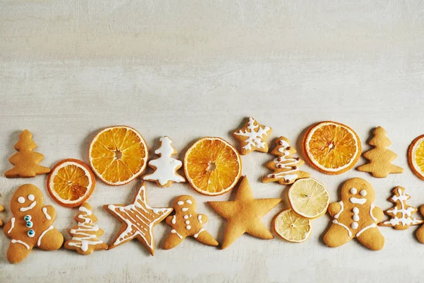 Christmas Gingerbread Cookies Dried Orange Spices White Table Copy Space — Stock Photo, Image