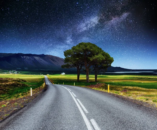 アスファルトの道路と星空と天の川の下で孤独な木 — ストック写真