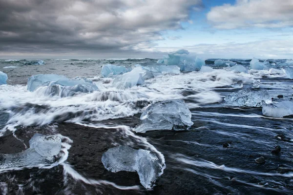 Lagune Glacier Jokulsarlon Fantastique Coucher Soleil Sur Plage Noire Islande — Photo