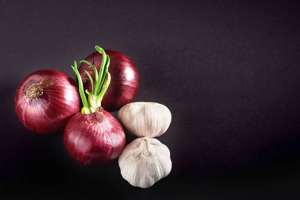 Cebolla Morada Azul Ajo Aislado Blanco Sobre Fondo Negro — Foto de Stock