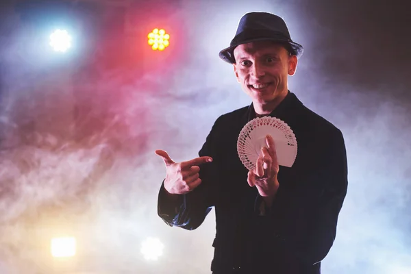 Magician Showing Trick Playing Cards Magic Dexterity Circus Gambling Prestidigitator — Stock Photo, Image