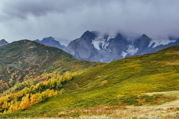 Осінній Пейзаж Снігова Гірських Вершин Берези Лісова Сонячному Світлі Головна — стокове фото
