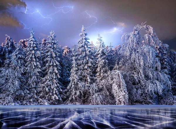 Magischen Winter Schneebedeckten Baum Dramatischer Gewitterhimmel Der Wintersee Ist Vorne — Stockfoto