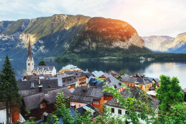 Сценічний Панорамний Вид Знамените Гірське Село Австрійських Альпах Hallstatt Austria — стокове фото