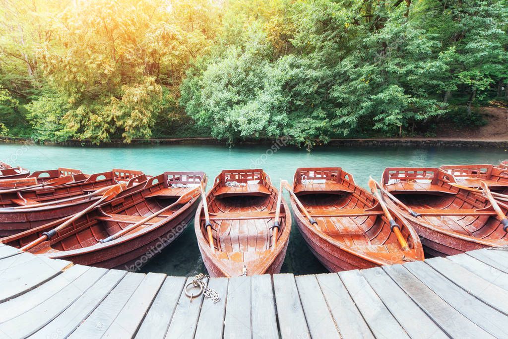 Wooden Boats on Plitvice Lakes in Croatia. Europe