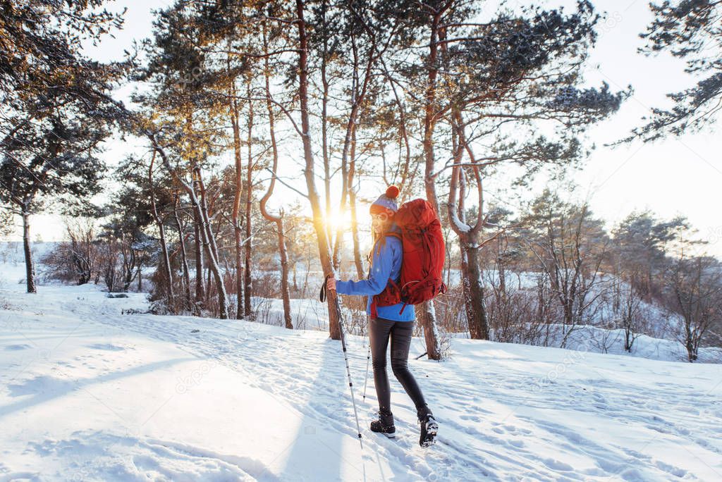 Woman Traveler with backpack hiking Travel Lifestyle adventure concept active vacations outdoor. Beautiful landscape with forest of coniferous trees and white snow.