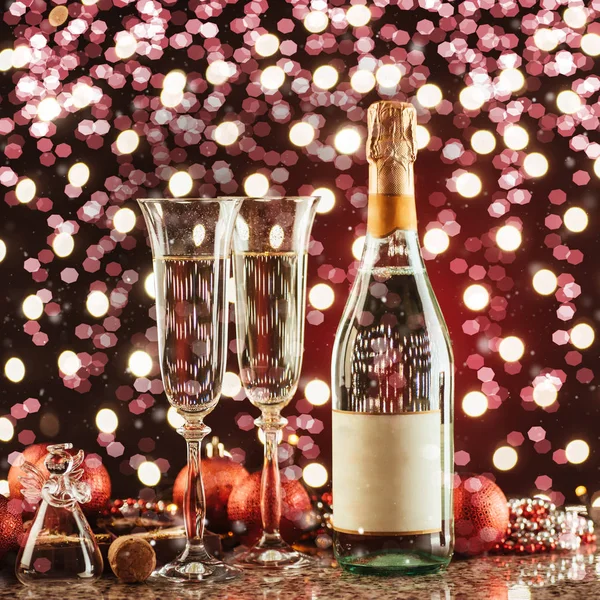 Kerstmis Nieuwjaar Feest Met Champagne Paar Fluit Fles Champagne Voor — Stockfoto