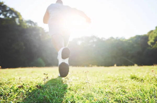 Outdoor cross-country running in summer sunshine concept for exercising, fitness and healthy lifestyle. Close up of feet of a man running in grass. Shallow depth of field, focus on shoes