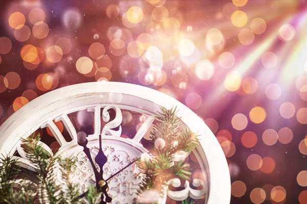 Feliz Año Nuevo Medianoche 2018 Antiguo Reloj Madera Con Luces — Foto de Stock