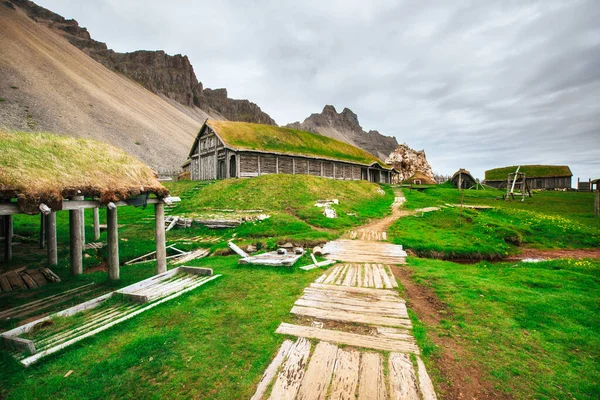 Traditional Viking Village Wooden Houses Mountain First Settlements Iceland — Stock Photo, Image