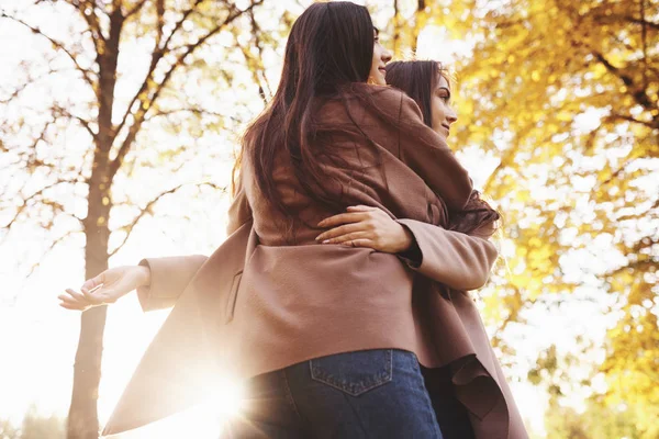 Utsikt Från Baksidan Unga Leende Brunett Tvilling Flickor Kramas Casual — Stockfoto