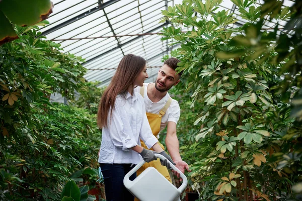 Having conversation. Young couple of workers in the greenhouse with water canister.