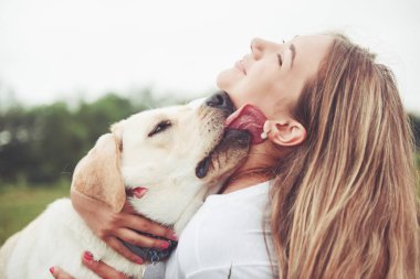 Parkta yeşil çimlerin üzerinde güzel bir köpeği olan güzel bir kızı çerçevelet.