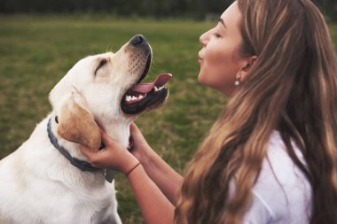 Açık havada köpeği olan çekici genç bir kadın. Labrador Retriever ile yeşil çimlerin üzerinde Gril.