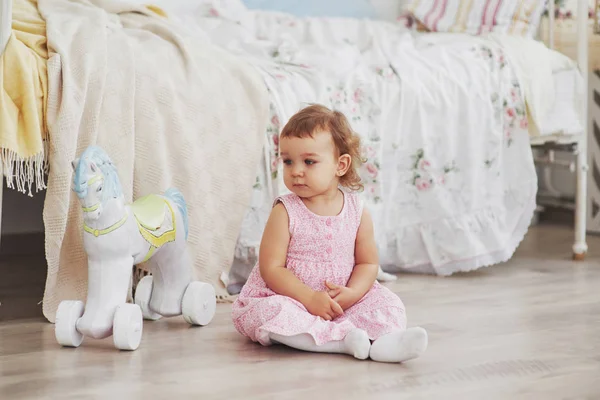 Baby Girl Cute Dress Siting Bed Playing Toys Home White — Stock Photo, Image