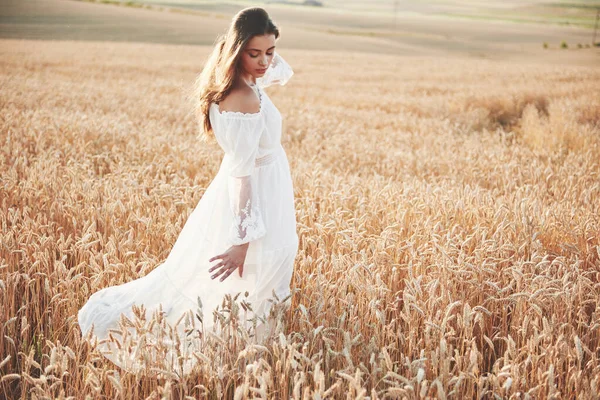Счастливая Молодая Девушка Длинными Красивыми Волосами Стоящая Пшеничном Поле Солнцем — стоковое фото