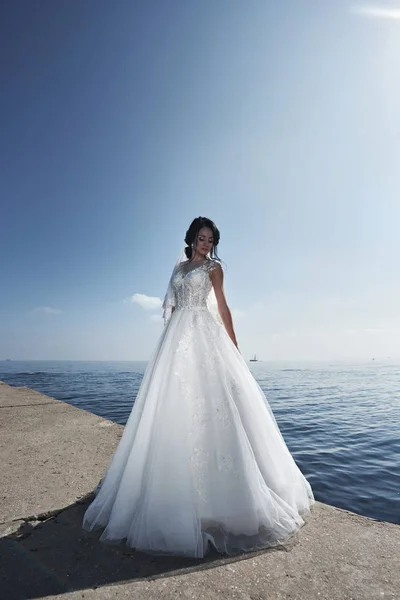 Bruid Een Trouwjurk Het Strand Door Zee Tegen Achtergrond Van — Stockfoto