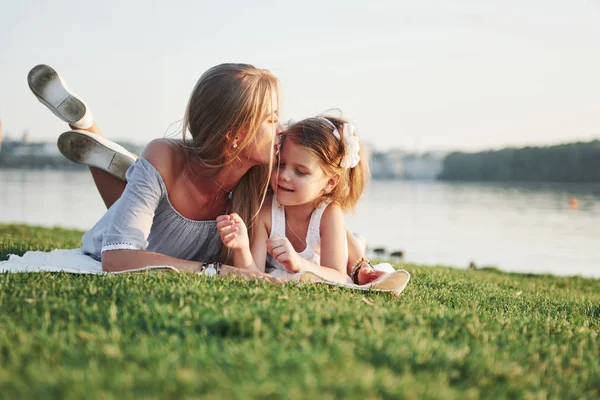 Attractive Happy Young Mother Lying Her Cute Daughter Grass Park — Stock Photo, Image