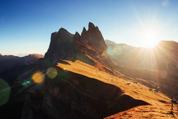 Hills Light Beautiful Sunset Italian Majestic Seceda Dolomite Mountains — Stock Photo, Image